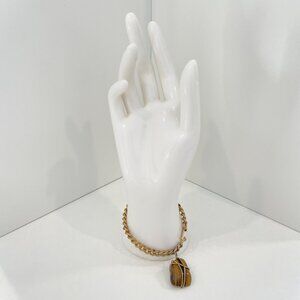 Tigers Eye Pendant On Gold-Tone Chain Bracelet natural stone 70s Boho Gypsy